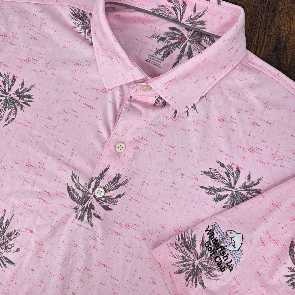 Johnnie-O Palm Tree Print Polo Shirt Mens XL Pink Whitefish Lake Golf Club Logo